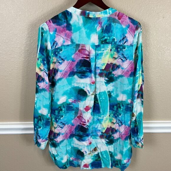 Soft Surroundings Women Top Sz L Blouse Button Up Watercolor Modern Blue Pink R3 - Picture 7 of 12